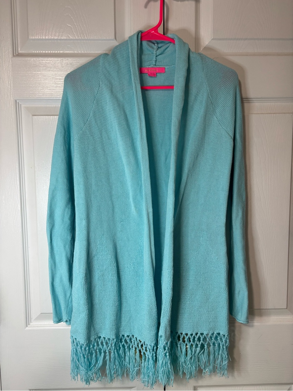Lilly Pulitzer Aqua Open-Front Fringe Cardigan EC Sz Small